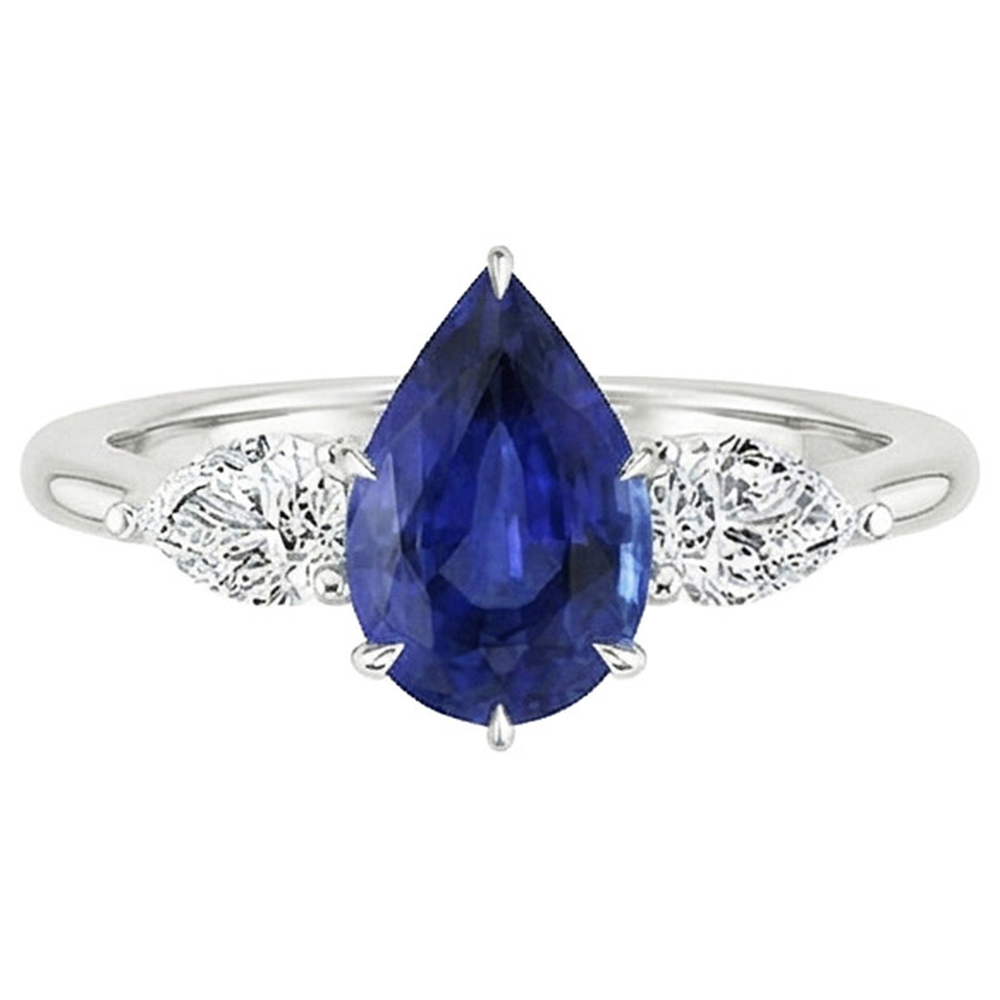 Pear Natural Earth Mined Diamond ( Not Lab Grown ) Anniversary Ring 3 Stone Blue Sapphire Prongs 4.50 Carats