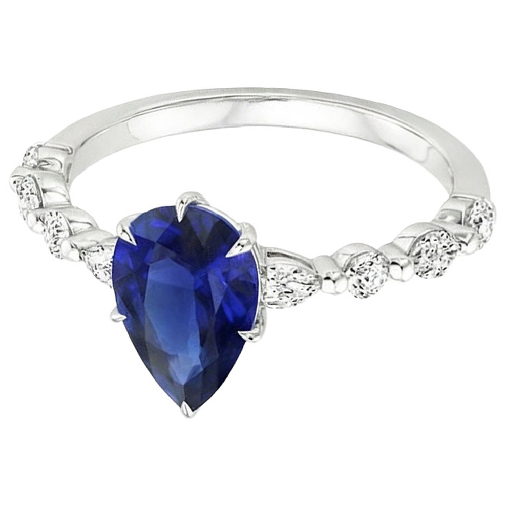Pear Natural Earth Mined Diamond ( Not Lab Grown ) Anniversary Ring With Blue Sapphire Center Gold 5 Carats