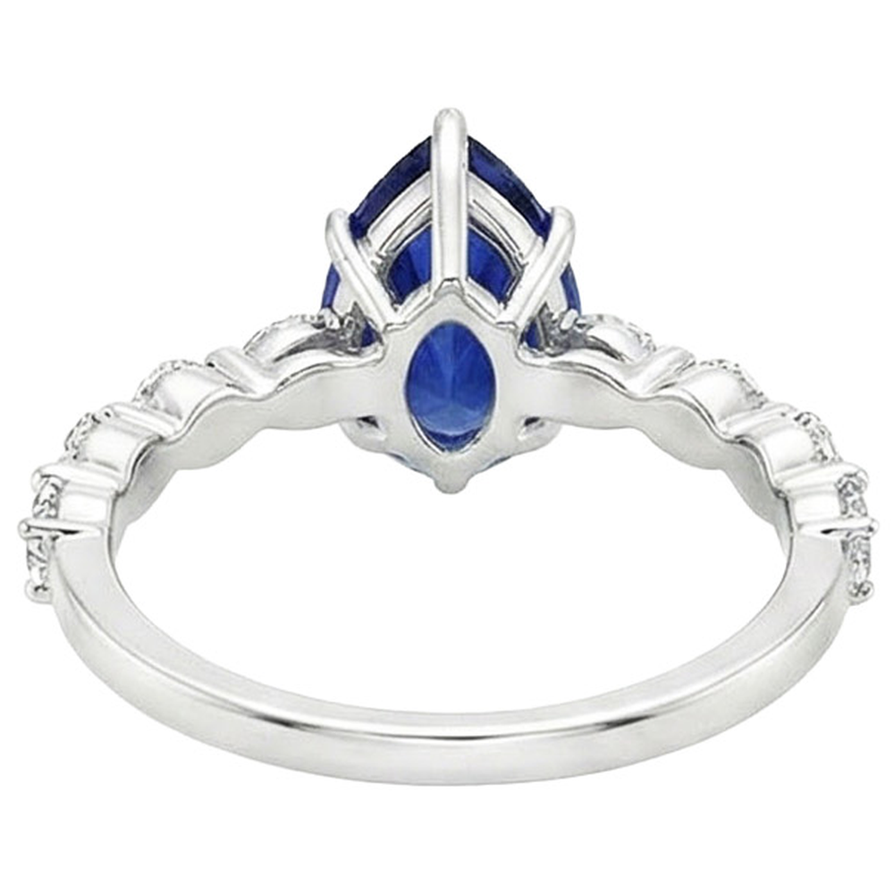 Pear Natural Earth Mined Diamond ( Not Lab Grown ) Anniversary Ring With Blue Sapphire Center Gold 5 Carats