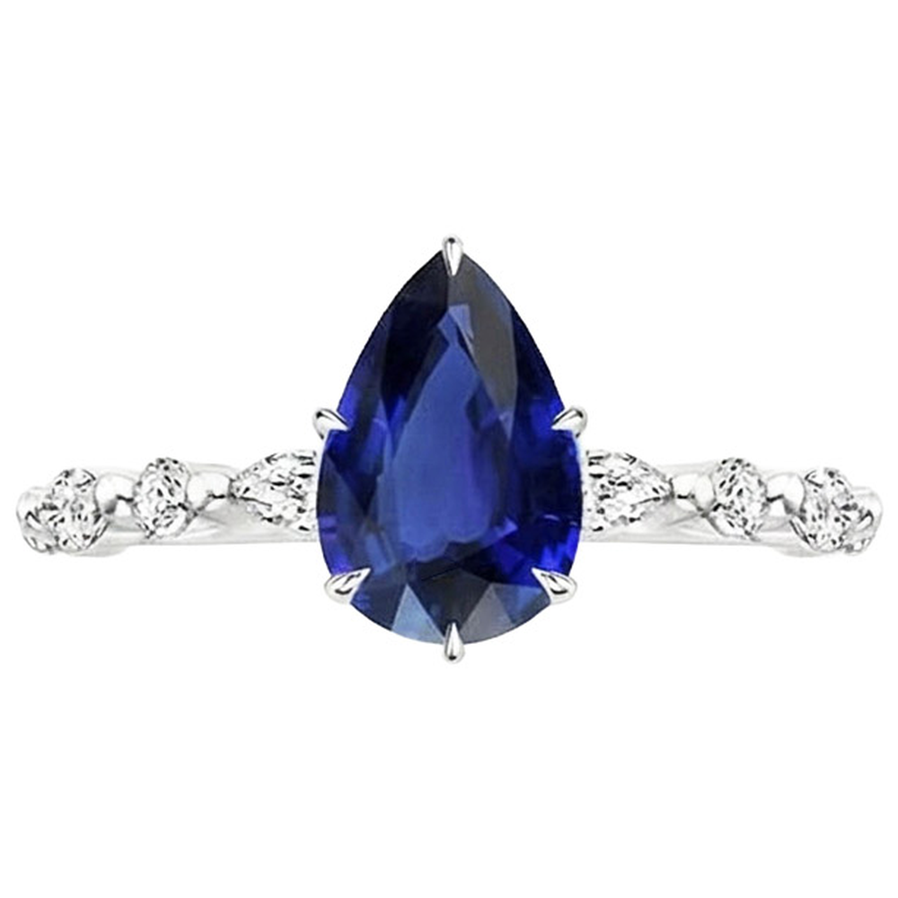 Pear Natural Earth Mined Diamond ( Not Lab Grown ) Anniversary Ring With Blue Sapphire Center Gold 5 Carats