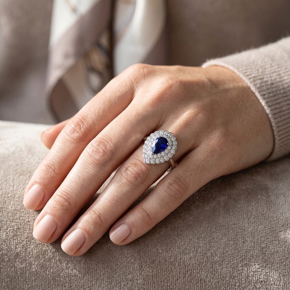 Pear Sapphire Cluster Halo Ring
