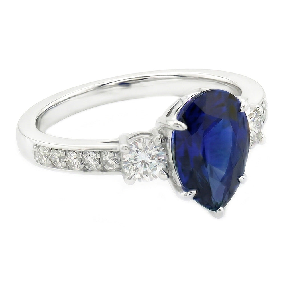 Pear Sapphire Gemstone Ring With Accents Round Natural Earth Mined Diamond ( Not Lab Grown )s 3.50 Carats