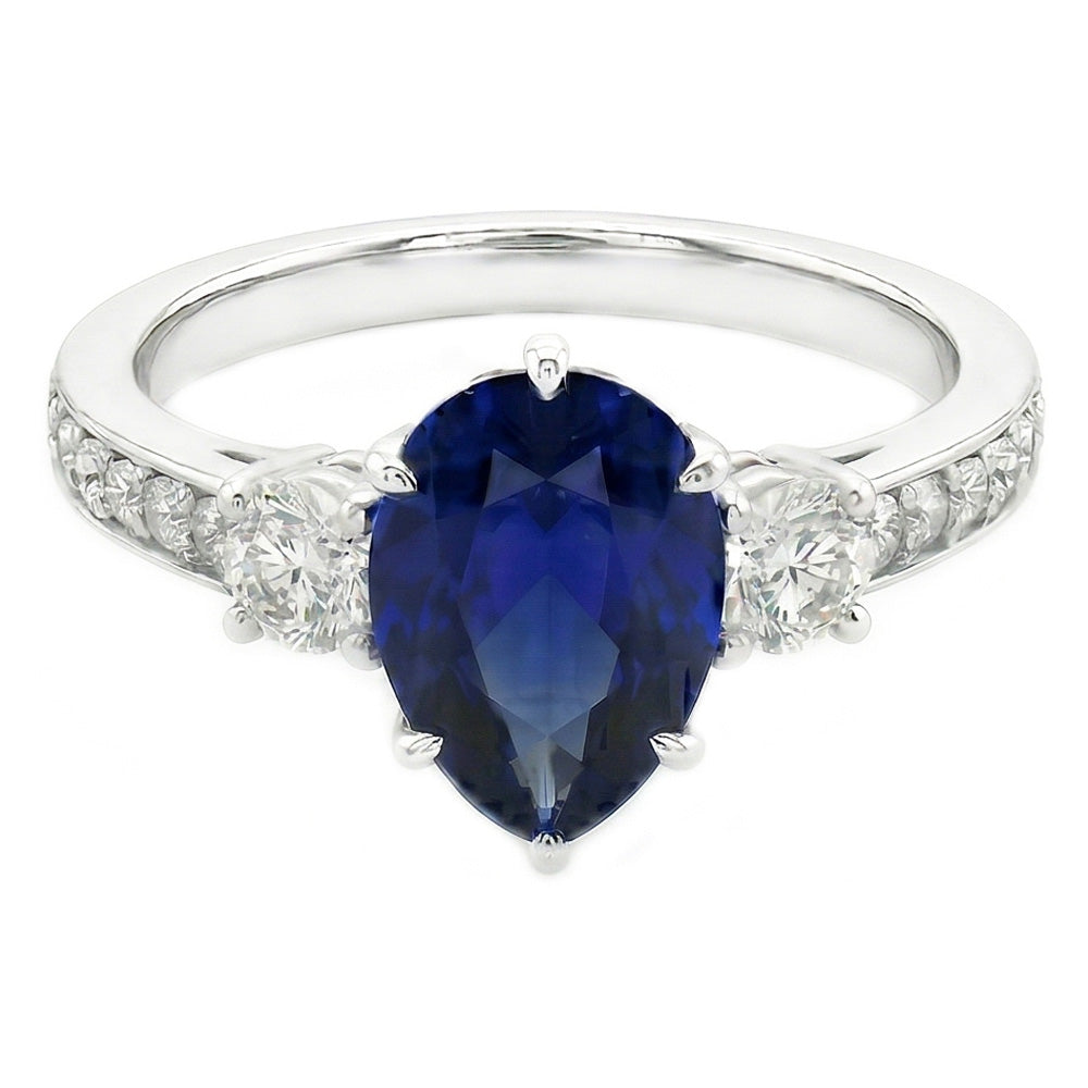 Pear Sapphire Gemstone Ring With Accents Round Natural Earth Mined Diamond ( Not Lab Grown )s 3.50 Carats