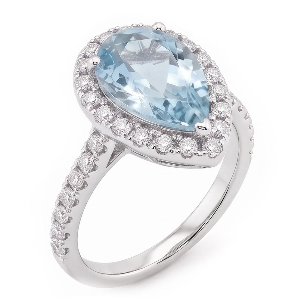 Pear Shape Aquamarine And Natural Earth Mined Diamond ( Not Lab Grown )s 14 Ct Wedding Ring White Gold 14K