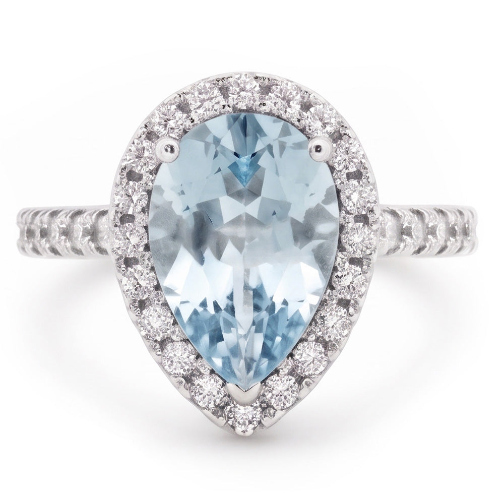 Pear Shape Aquamarine And Natural Earth Mined Diamond ( Not Lab Grown )s 14 Ct Wedding Ring White Gold 14K