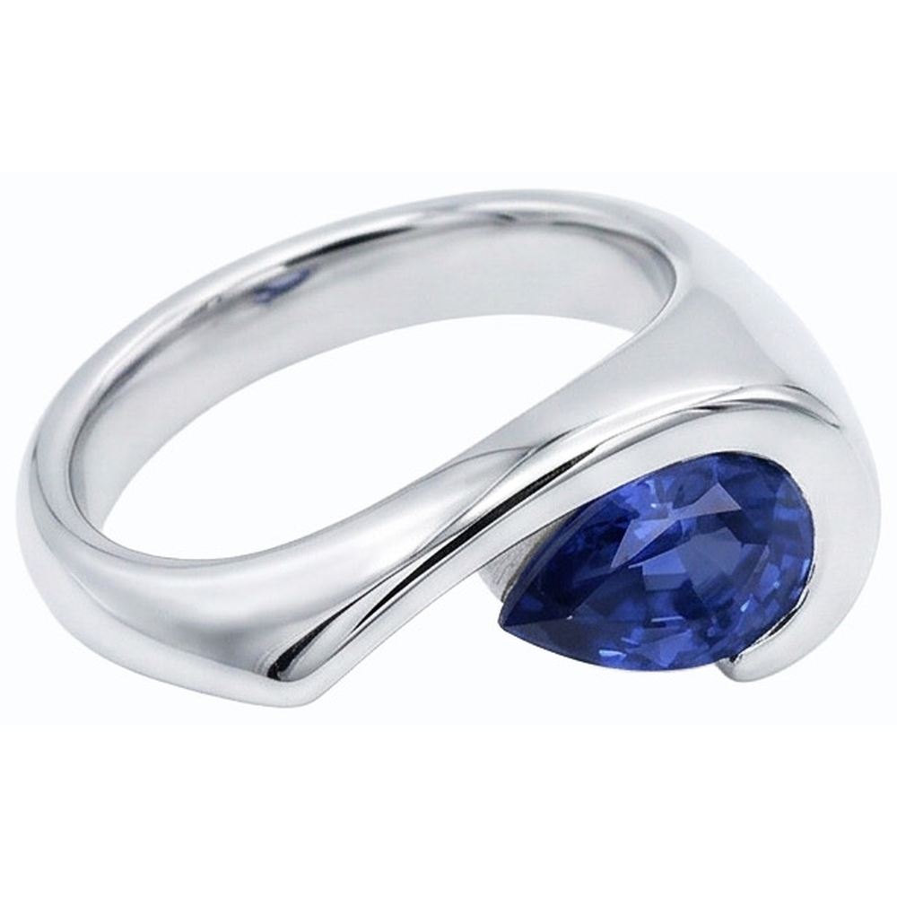 Pear Solitaire Ring Blue Sapphire 1 Carat Half Bezel Set White Gold