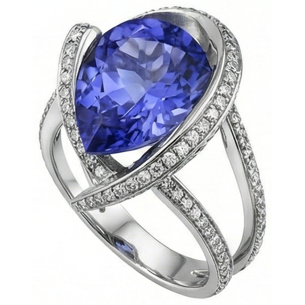 Pear Tanzanite Natural Earth Mined Diamond ( Not Lab Grown )  Ring 5 Carat Gemstone White Gold 14K Jewelry
