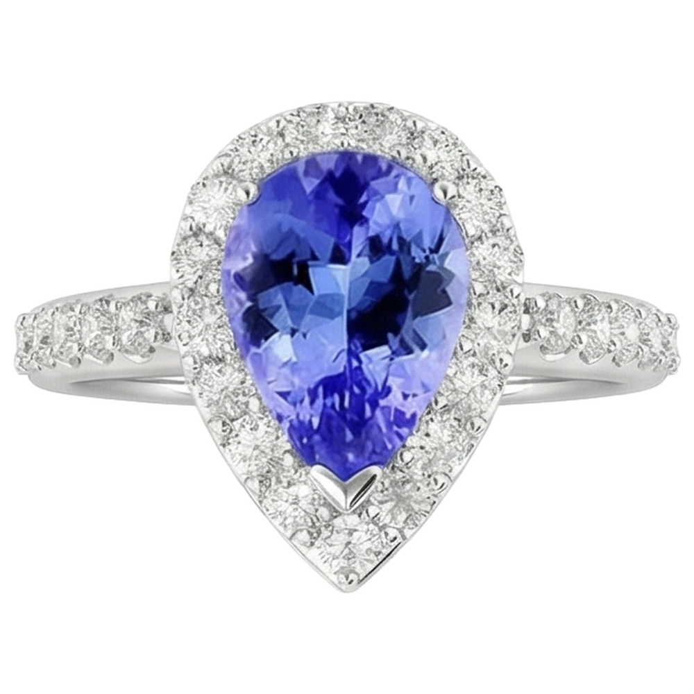 Pear Tanzanite With Round Natural Earth Mined Diamond ( Not Lab Grown )s 3.95 Carats Ring 14K White Gold