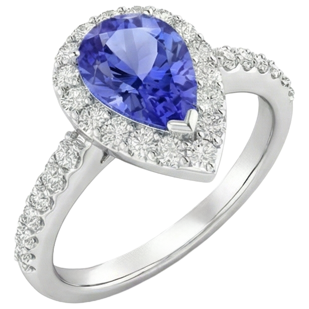Pear Tanzanite With Round Natural Earth Mined Diamond ( Not Lab Grown )s 3.95 Carats Ring 14K White Gold