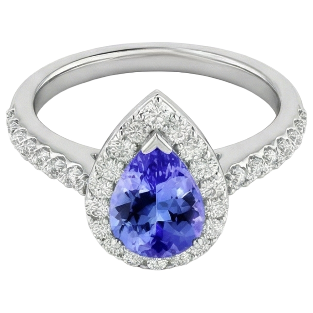 Pear Tanzanite With Round Natural Earth Mined Diamond ( Not Lab Grown )s 3.95 Carats Ring 14K White Gold