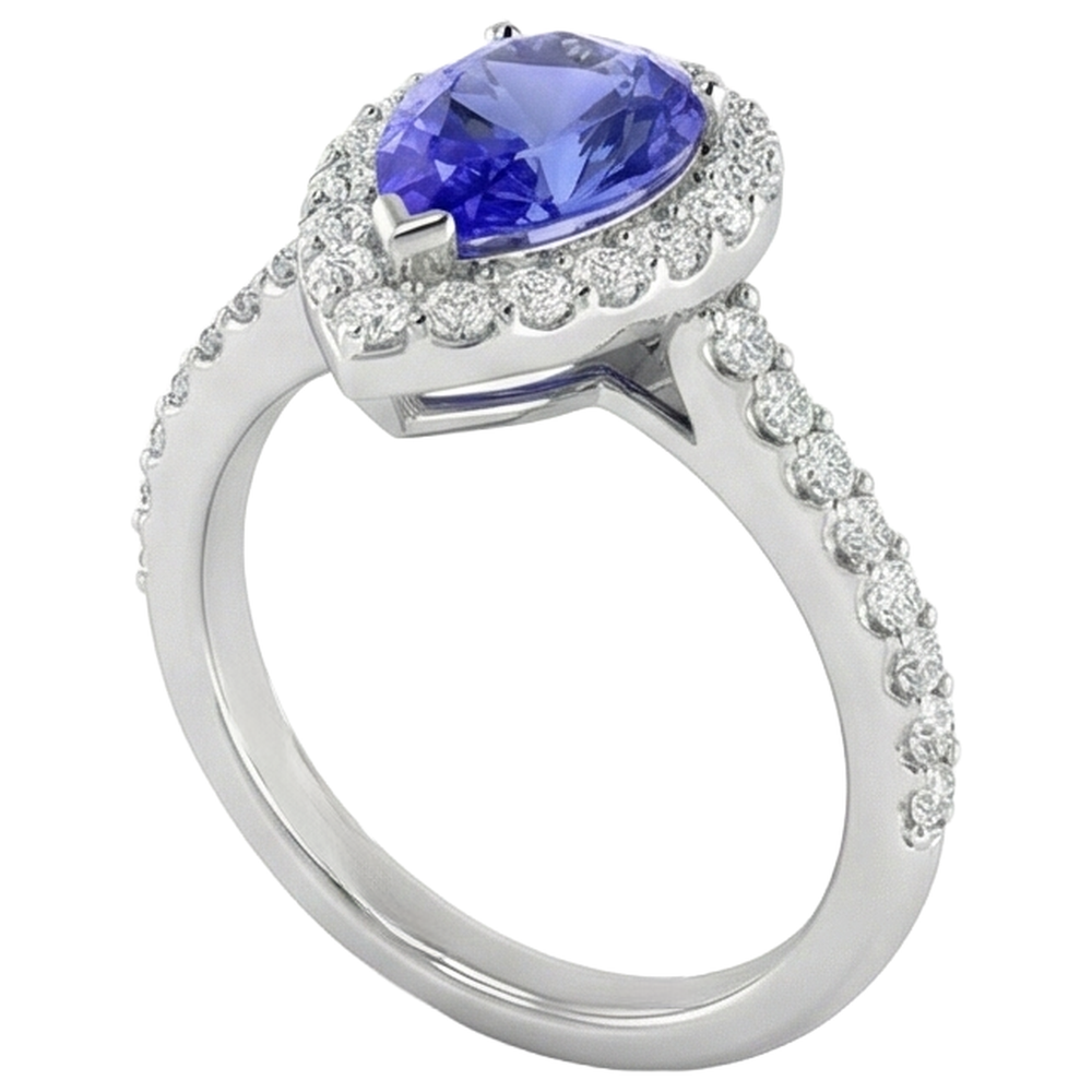 Pear Tanzanite With Round Natural Earth Mined Diamond ( Not Lab Grown )s 3.95 Carats Ring 14K White Gold