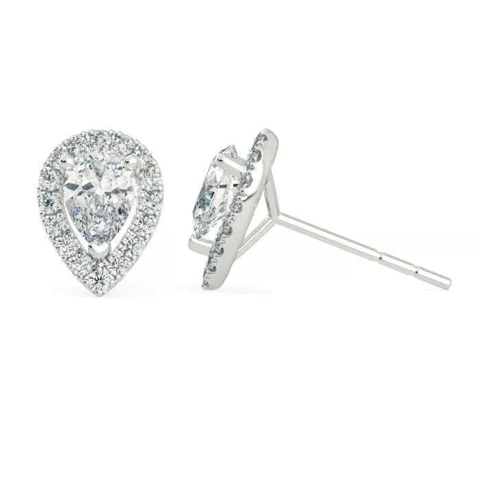 Pear And Round Cut Halo 2.82 Ct Real Diamonds Studs Earrings White Gold