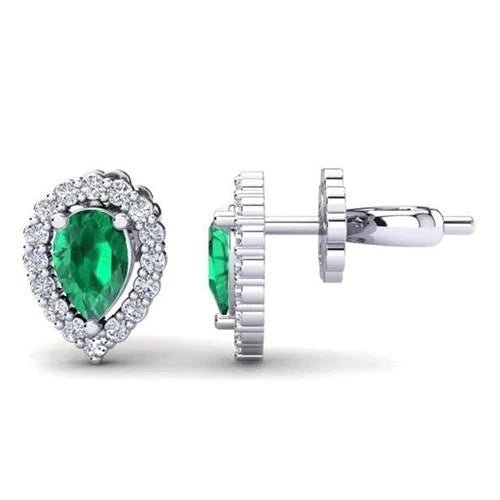 Pear Green Emerald With Round Diamond Stud Halo Earrings 5.40 Carat WG 14K