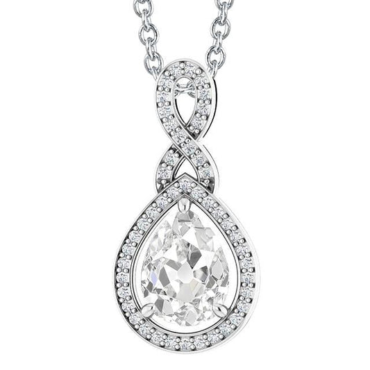 Pear Old Mine Cut Halo Real Diamond Pendant 5 Carats Prong Set