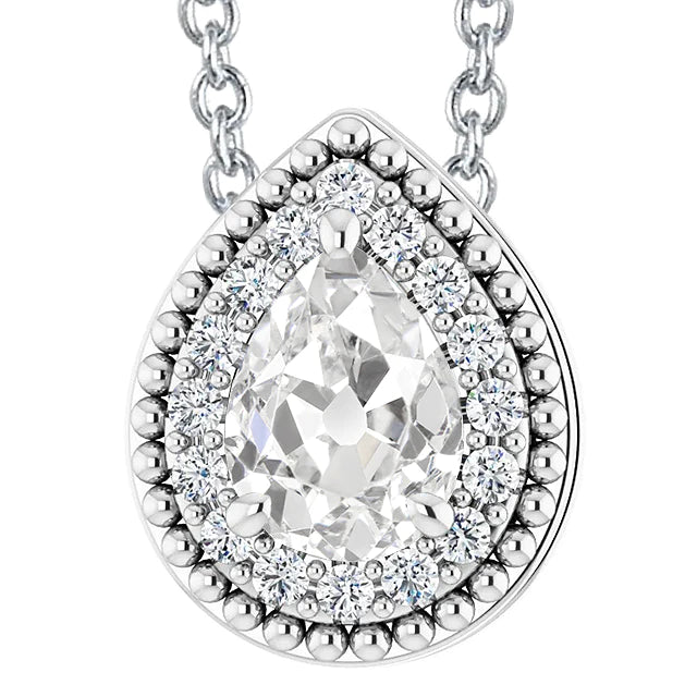 Pear Old Mine Cut Halo Real Diamond Pendant Necklace 7.50 Carats White Gold