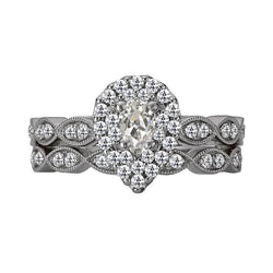 Pear Old Mine Cut Natural Diamond Halo Wedding Ring Set Milgrain 4 Carats