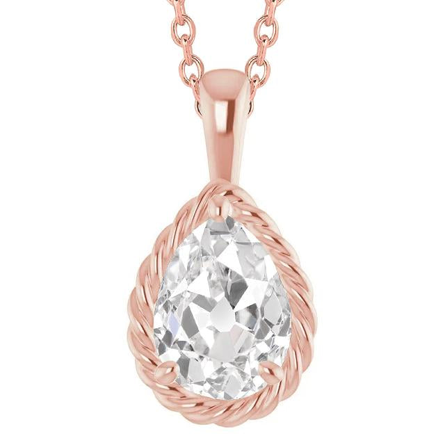 Pear Old Mine Real Diamond Slide Pendant With Chain 3 Carats Rose Gold 14K - Pendant-harrychadent.ca