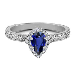 14K White Gold Antique Blue Sapphire Gemstone Ring 1 ct