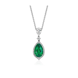 Pear Shape Green Emerald & Diamonds Pendant 8.50 Carats White Gold 14K