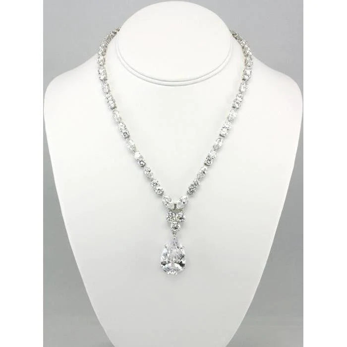 Pear, Marquise And Round Real Diamond Necklace 20 Carats Fine 14K White Gold
