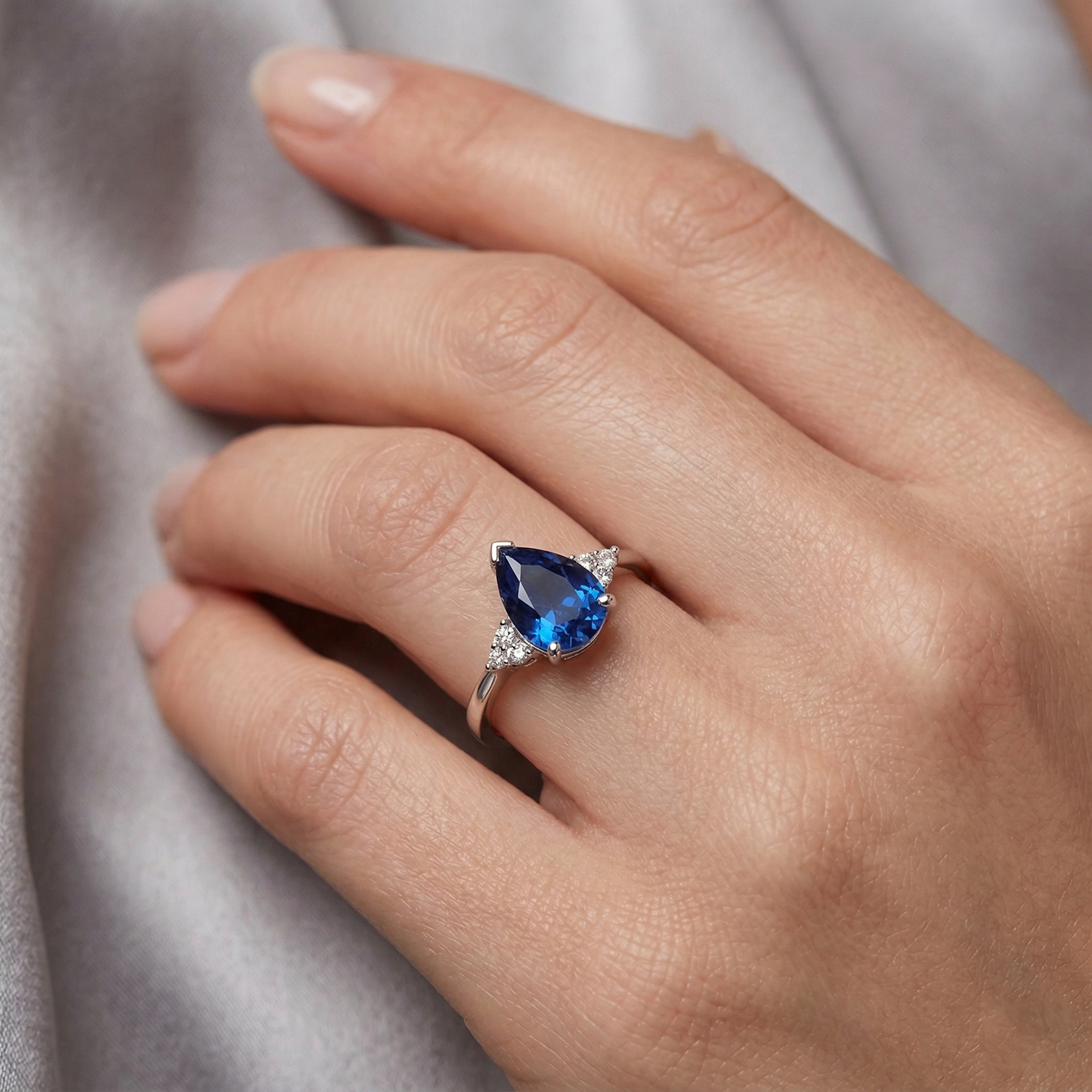 Pear & Round Cut Ceylon Sapphire Natural Earth Mined Diamond ( Not Lab Grown )  Ring 1.85 Ct. White Gold 14K