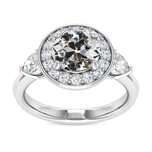 Pear & Round Old Cut Real Diamond Halo Ring 3 Stone Style 6.50 Carats