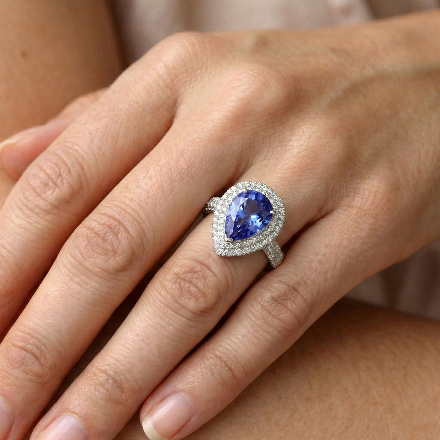 Pear & Round Sri Lankan Blue Sapphire Natural Earth Mined Diamond ( Not Lab Grown )  Ring 4.40 Carat WG 14K