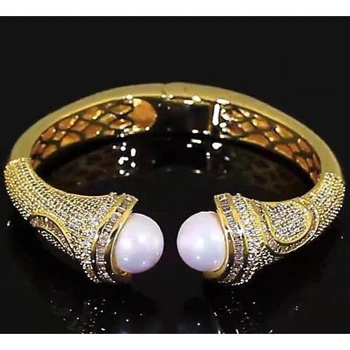 Pearl Real Diamond Bangle 10 Mm 5 Carats Women Yellow Gold 14K