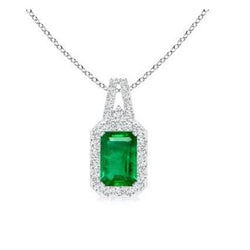 Pendant Colombian Green Emerald & Natural Earth Mined Diamonds 5.85 Carats White Gold 14K New