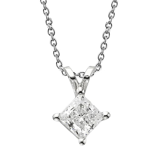 Pendant Necklace With Chain 2.50 Carat Princess Cut Genuine Diamond 14K Gold