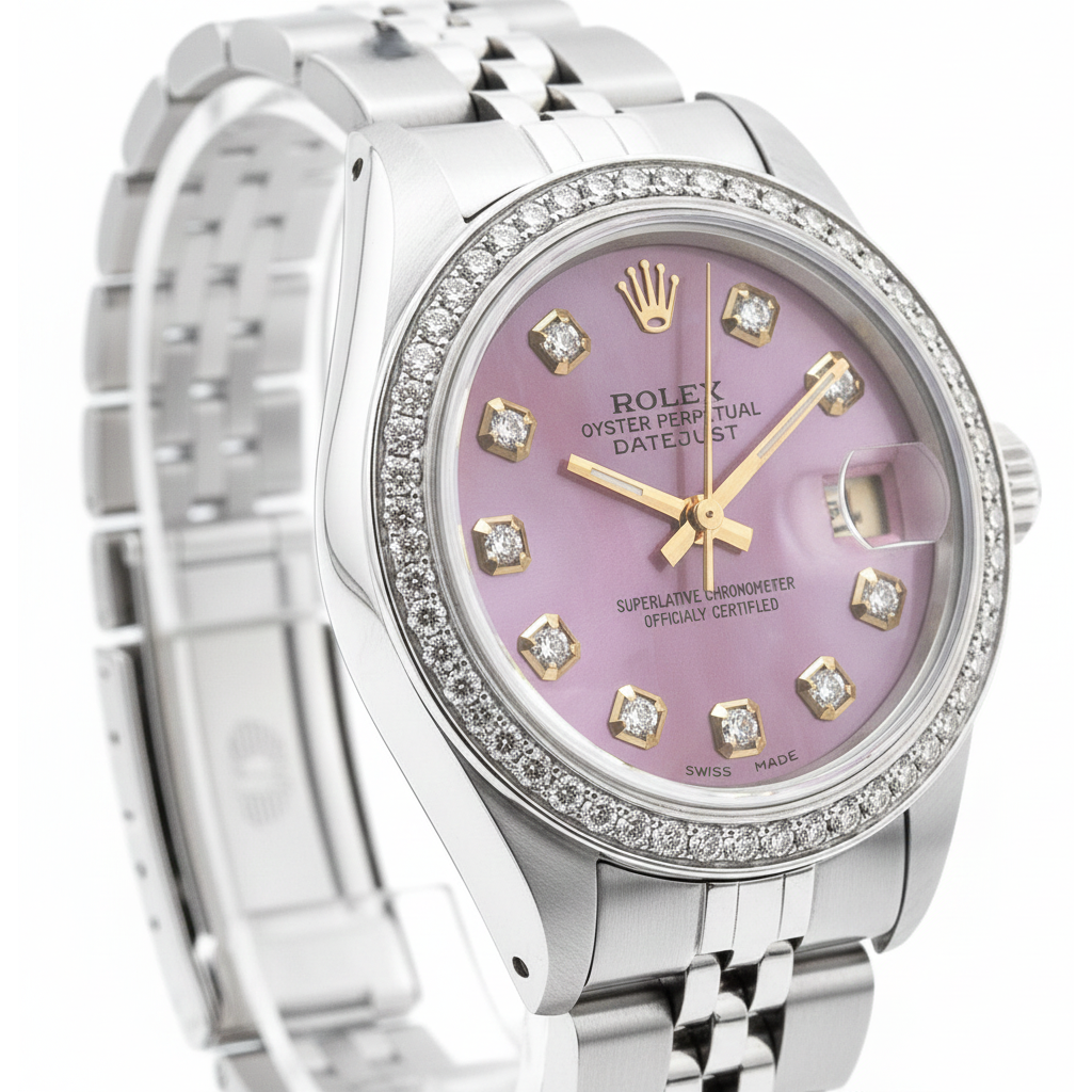Perpetual Rolex Date Just Burgundy Dial Bezel Ss Jubilee Ladies Watch