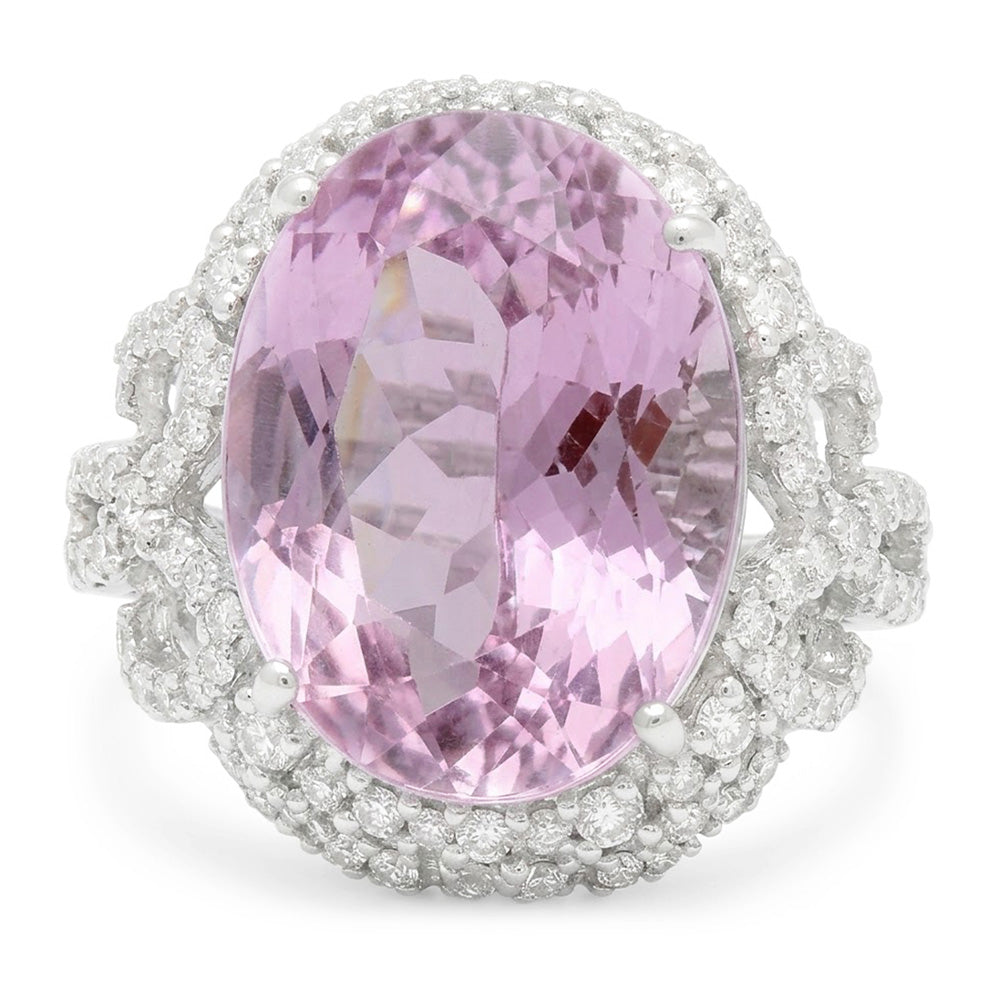 Pink Kunzite And Natural Earth Mined Diamond ( Not Lab Grown )s 32 Ct Anniversary Ring White Gold 14K