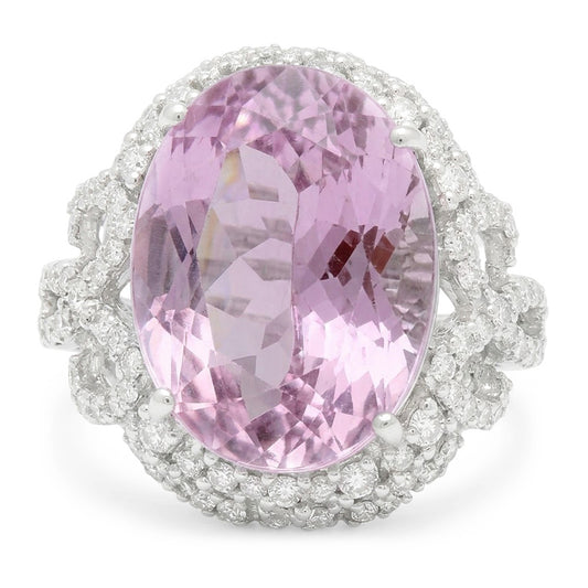 Pink Kunzite And Natural Earth Mined Diamond ( Not Lab Grown )s 32 Ct Anniversary Ring White Gold 14K