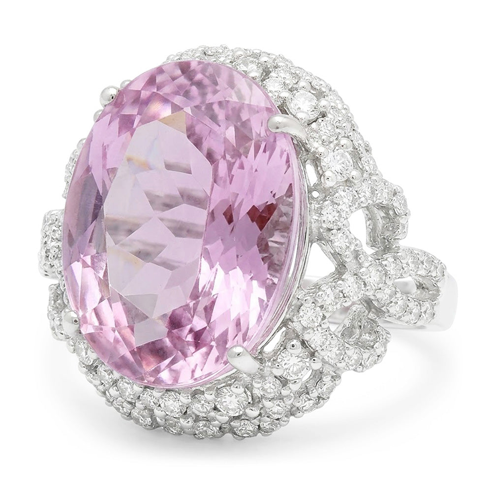 Pink Kunzite And Natural Earth Mined Diamond ( Not Lab Grown )s 32 Ct Anniversary Ring White Gold 14K