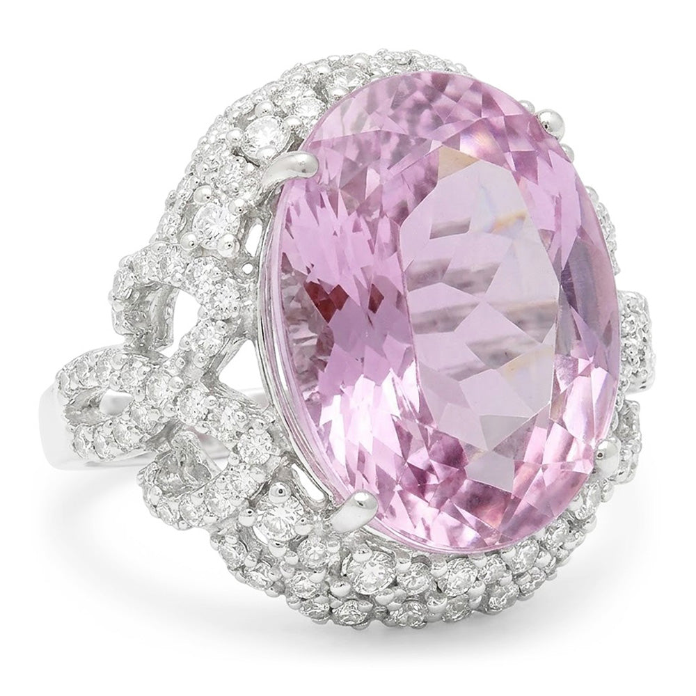 Pink Kunzite And Natural Earth Mined Diamond ( Not Lab Grown )s 32 Ct Anniversary Ring White Gold 14K
