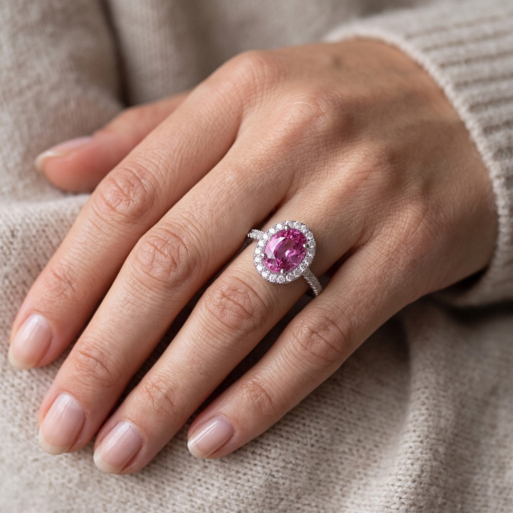 Pink Sapphire Halo Natural Earth Mined Diamond ( Not Lab Grown ) Ring
