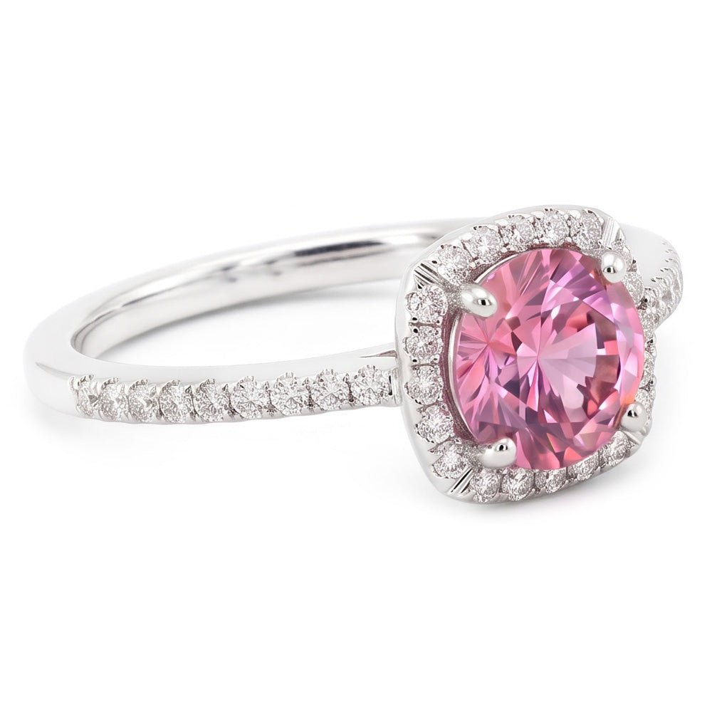 Pink Sapphire Round Center WG Solitaire With Accents Ring 1.15 Ct.