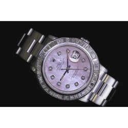 Pink Custom Diamond Dial Datejust Rolex Watch Ss 5 Carat Baguette