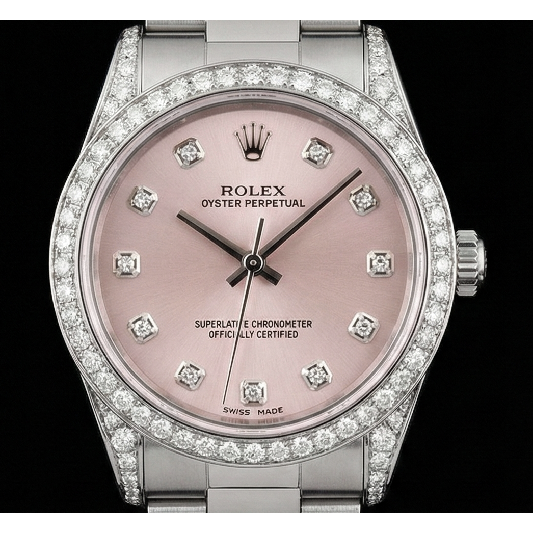 Pink Dial Rolex Watch Custom Diamond Bezel Midsize 31Mm No Date Ss