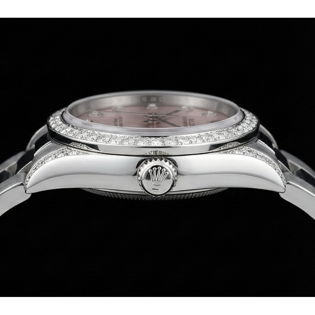Pink Dial Rolex Watch Custom Diamond Bezel Midsize 31Mm No Date Ss