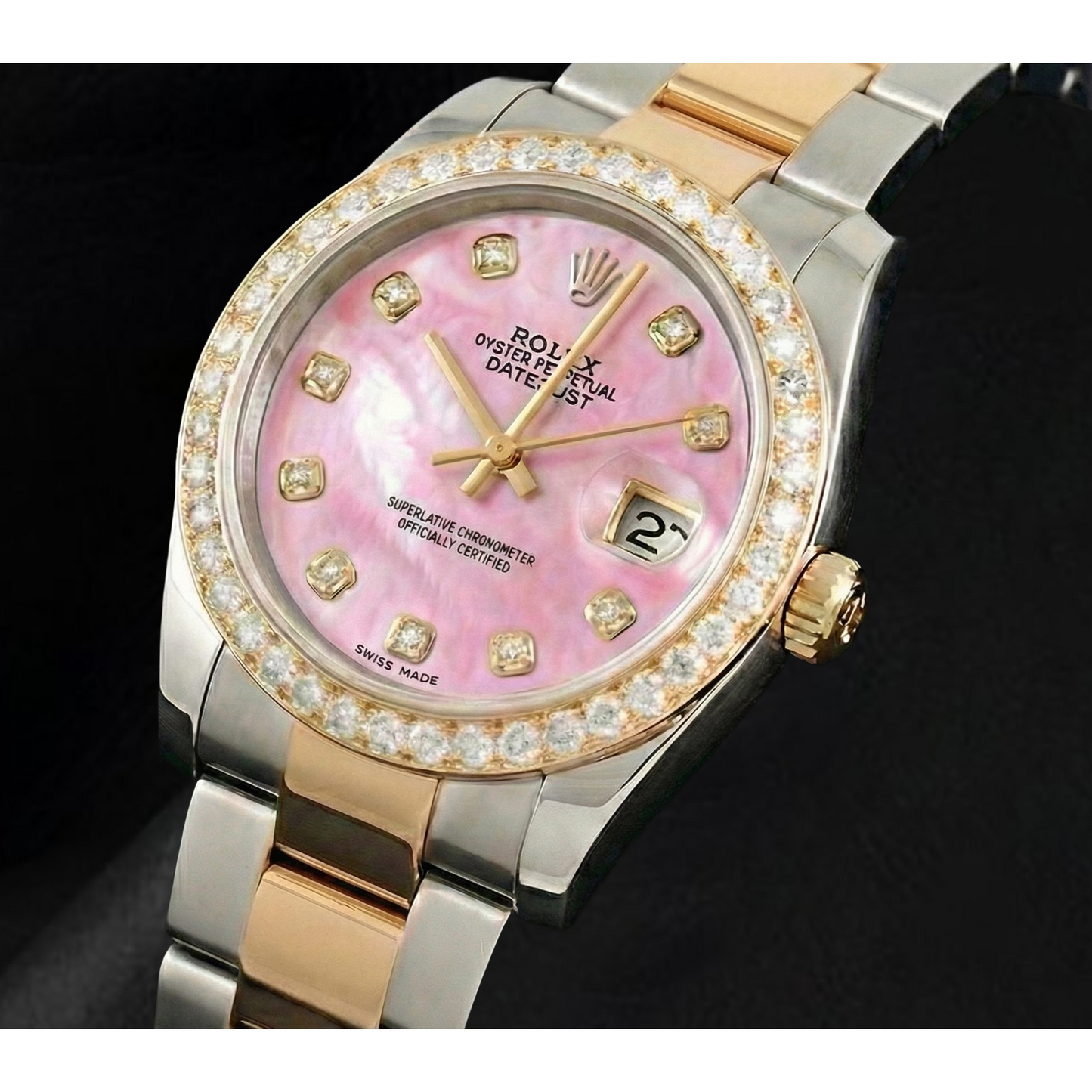 Pink Mother Of Pearl Diamond Dial 36 mm Rolex Datejust Two Tone Watch Oyster Bracelet