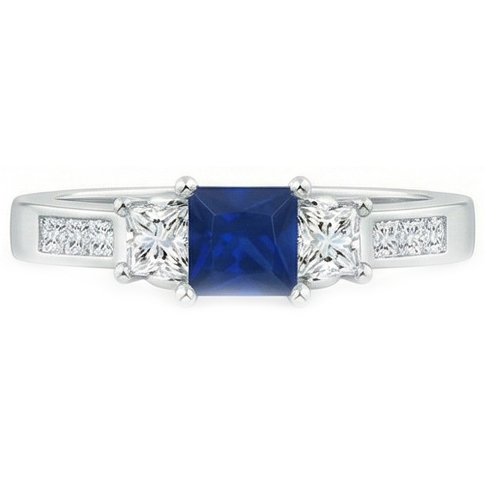 Princess Cut 2.85 Ct Sapphire And Natural Earth Mined Diamond ( Not Lab Grown )s Wedding Ring White Gold 14K