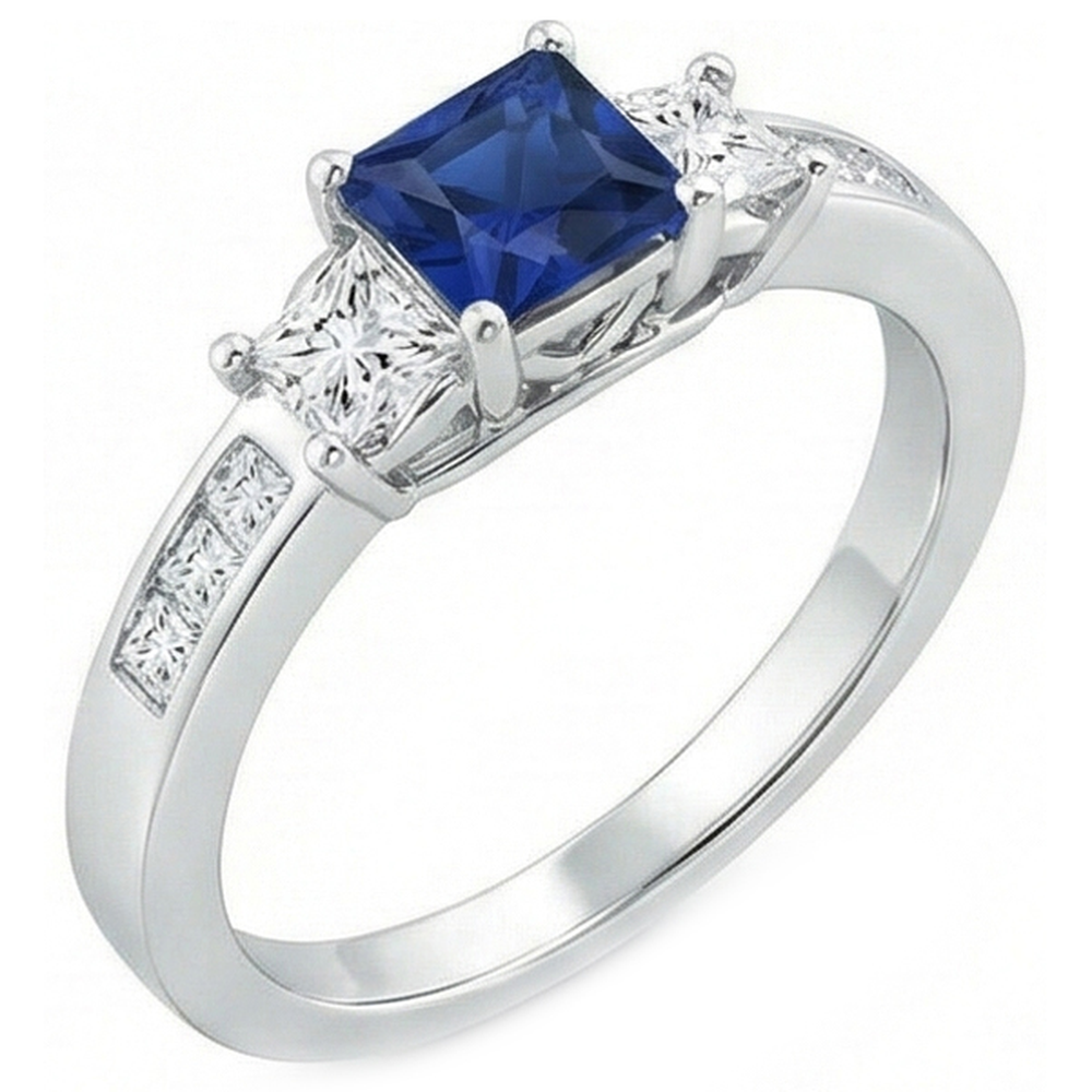 Princess Cut 2.85 Ct Sapphire And Natural Earth Mined Diamond ( Not Lab Grown )s Wedding Ring White Gold 14K