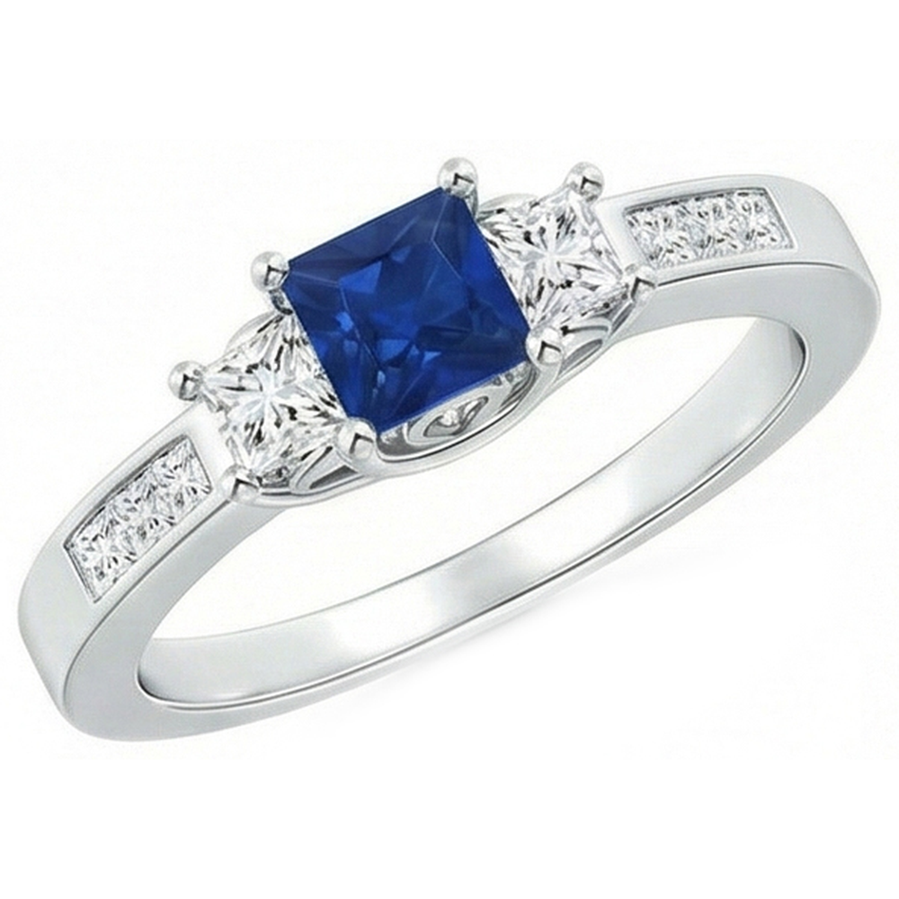 Princess Cut 2.85 Ct Sapphire And Natural Earth Mined Diamond ( Not Lab Grown )s Wedding Ring White Gold 14K