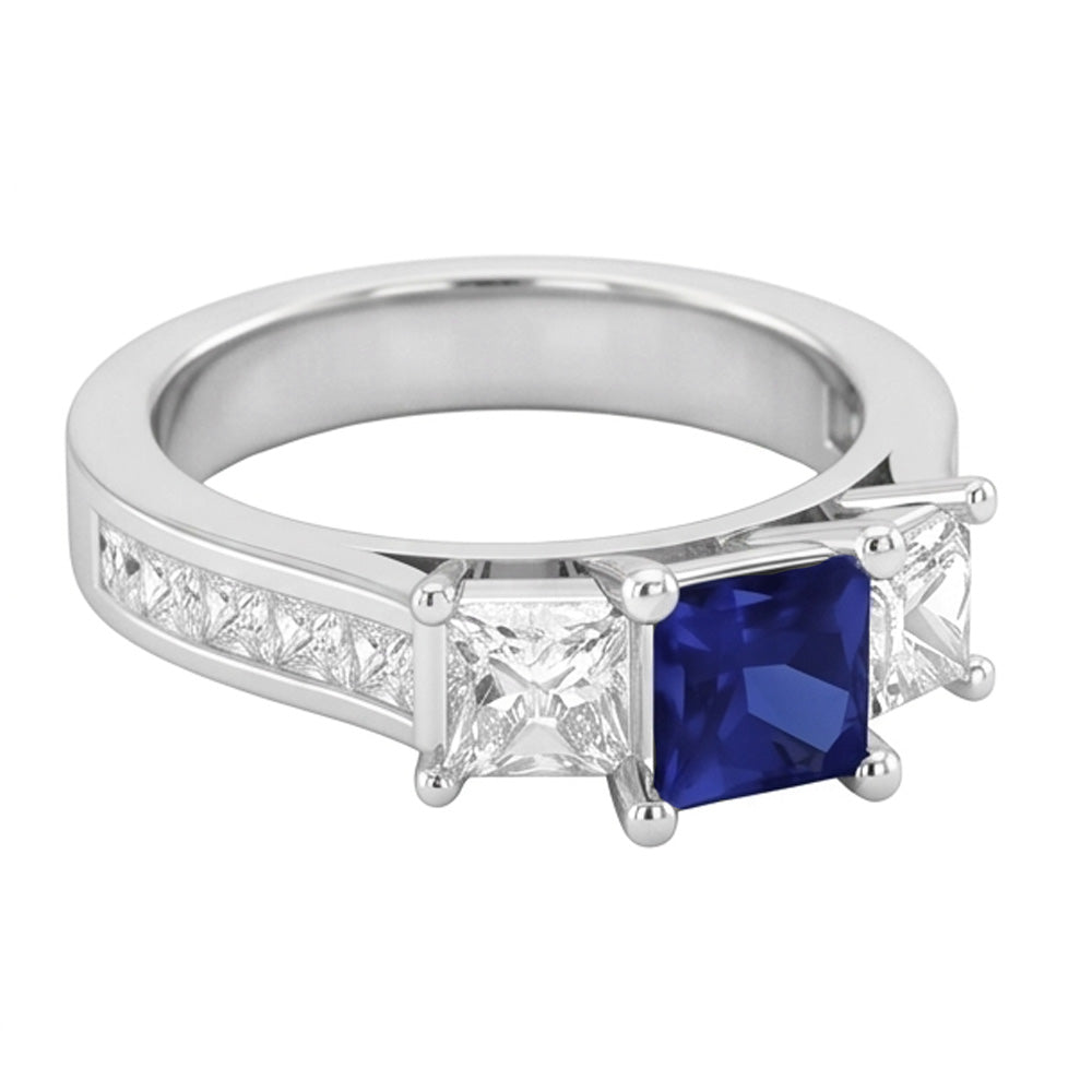Princess Cut 3.50 Ct Ceylon Sapphire And Natural Earth Mined Diamond ( Not Lab Grown ) s Ring White Gold 14K