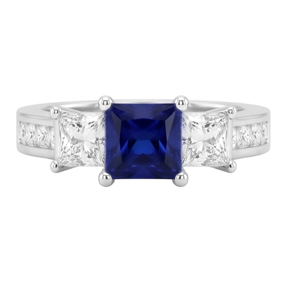 Princess Cut 3.50 Ct Ceylon Sapphire And Natural Earth Mined Diamond ( Not Lab Grown ) s Ring White Gold 14K