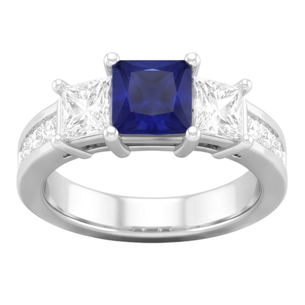 Princess Cut 3.50 Ct Ceylon Sapphire And Natural Earth Mined Diamond ( Not Lab Grown ) s Ring White Gold 14K