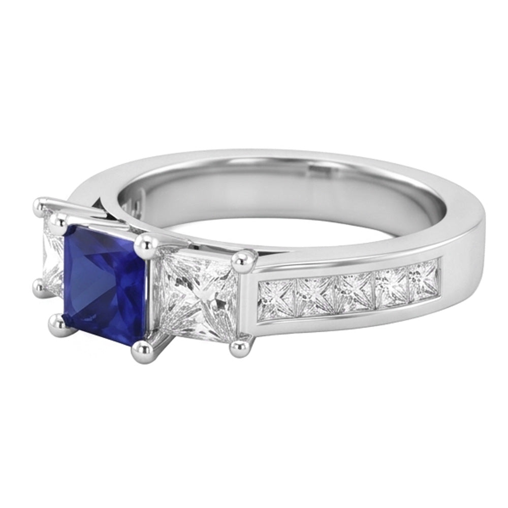 Princess Cut 3.50 Ct Ceylon Sapphire And Natural Earth Mined Diamond ( Not Lab Grown ) s Ring White Gold 14K