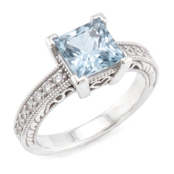 Princess Cut Aquamarine With Round Natural Earth Mined Diamond ( Not Lab Grown )s 16 Ct Ring White Gold