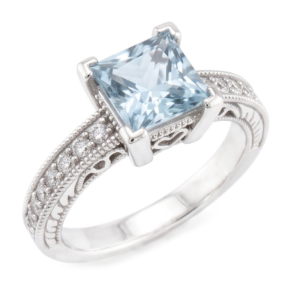 Princess Cut Aquamarine With Round Natural Earth Mined Diamond ( Not Lab Grown )s 16 Ct Ring White Gold